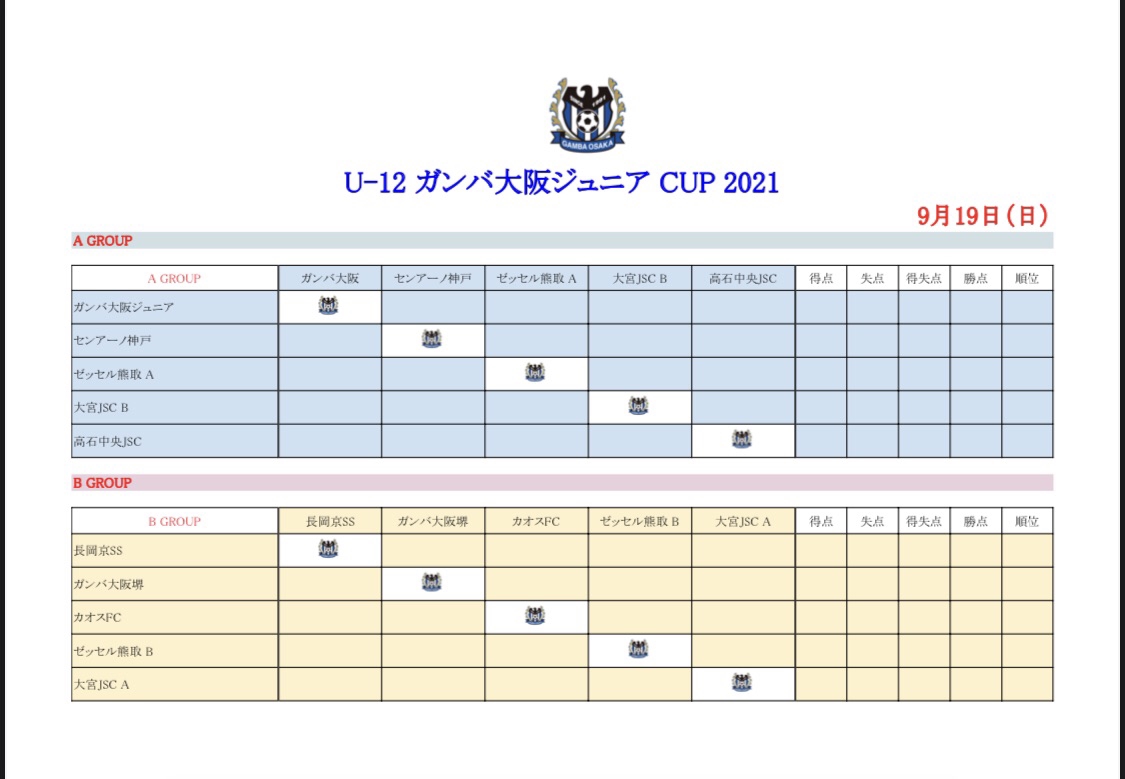 9月19日 日 U 11select U 12ガンバ大阪ジュニアカップ Sora Rinku 詳細 Caosフットボールクラブu 12 U 15