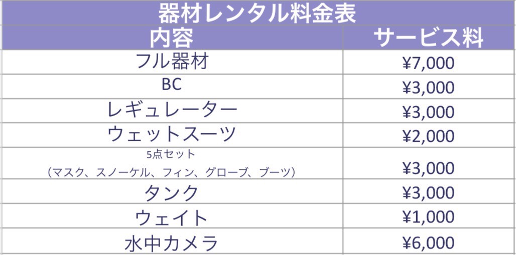 ama☆オプション料金表 料金 | Ama Diving Service