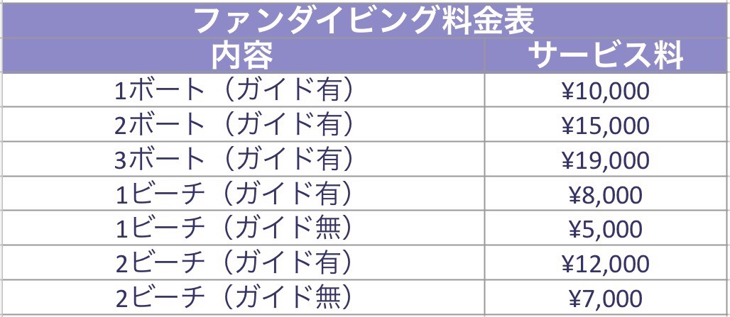 ama☆オプション料金表 料金 | Ama Diving Service