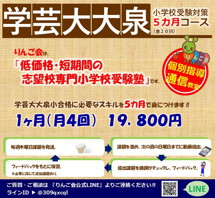 学芸大附属大泉小学校・受験合格セット ＋ 4倍速トレーニング りんご会』の【東京学芸大学附属大泉小学校受験準備5ヶ月コース】