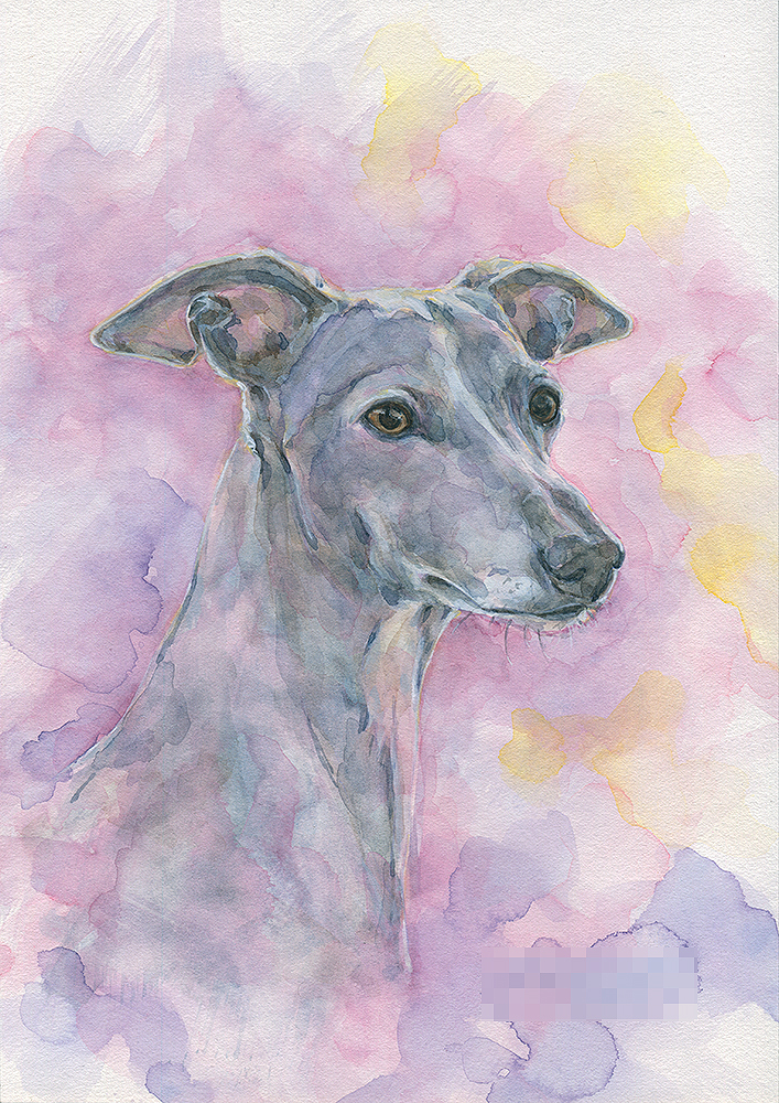 イタリアングレーハウンド クレヨン画 肖像画 犬 イタグレ 手描き インテリア イタリアングレーハウンド/イタグレ犬とビーチのスケッチ No.3