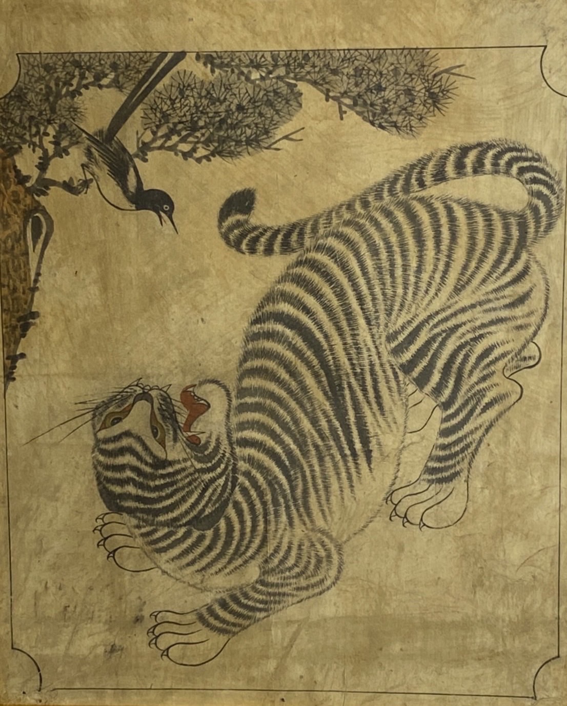 李朝 民画 虎と鵲（かささぎ）の図 魔除け 額装 アンティーク
