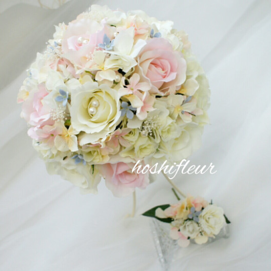 ピンク白バラ真珠のブーケ ブートニア Hoshifleur ホシフルール ウエディングブーケ専門通販 ピンク白バラ真珠のブーケ ブートニア Hoshifleur ホシフルール ウエディングブーケ専門通販