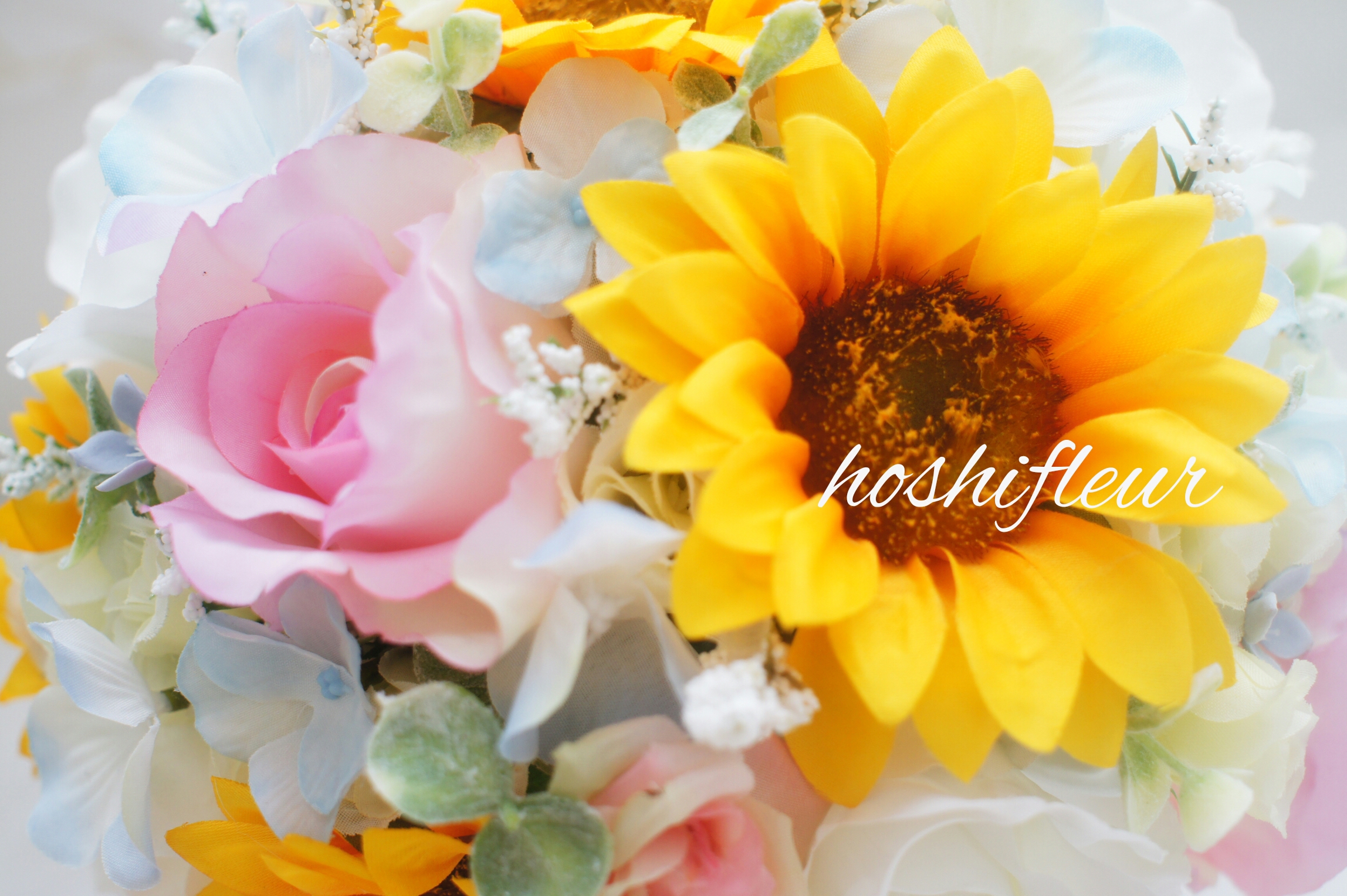 彩ひまわりブーケ＋ブートニア＋ヘアパーツ | hoshifleur