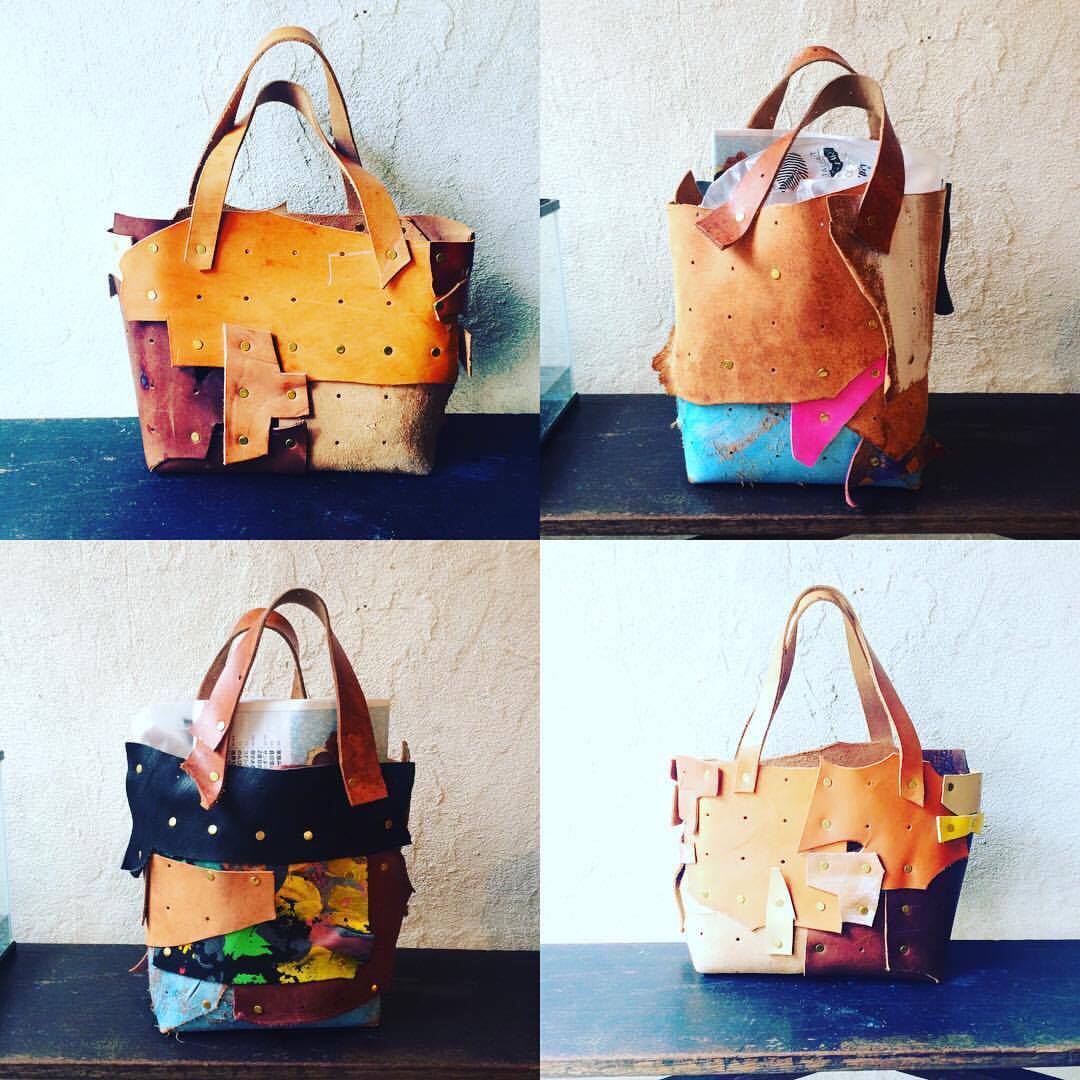 NPW(ヌメ革のパッチワーク)のバッグ。 NPWの学校ワークショップにて制作。 NPW(ヌメ革のパッチワーク)のバッグ。 NPWの学校ワークショップにて制作。