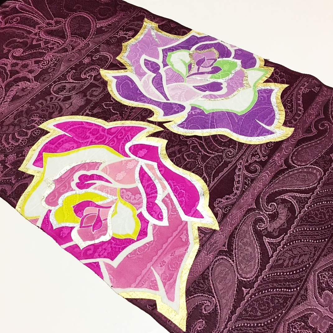薔薇　アンティーク名古屋帯 くるり 刺繍 名古屋帯 アンティークローズ ダークネイビー