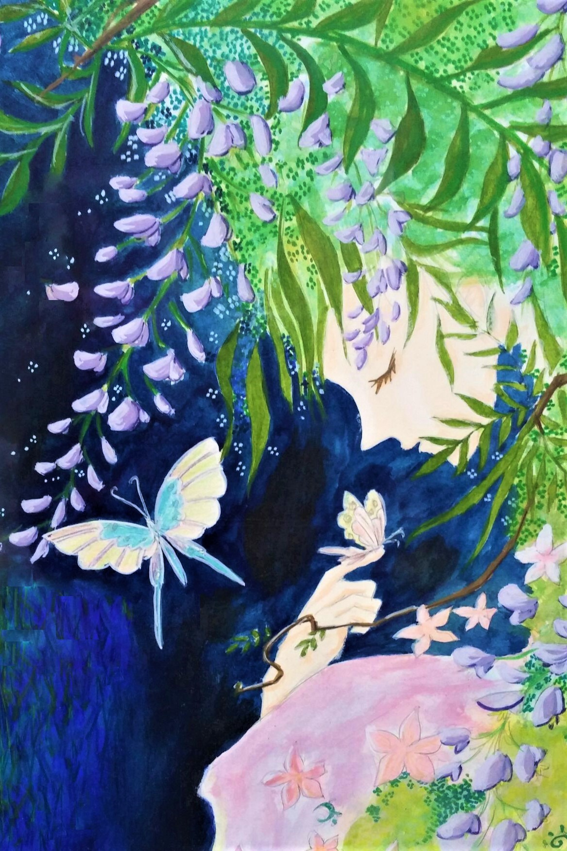 【月夜の藤】アクリル画 F3 風景画 絵画 月夜の藤】アクリル画 F3 聞き齧り 風景画 絵画