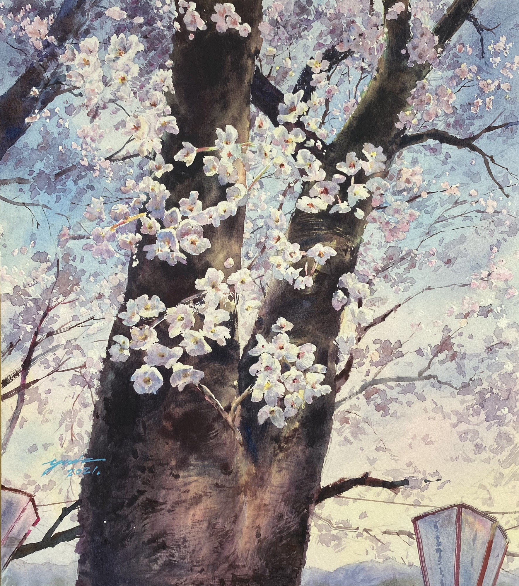 超安い】 透明水彩画 水彩画 「桜の咲く並木道」額縁付 F4サイズ 原画