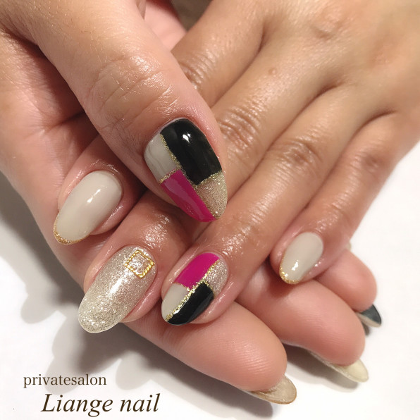 ピンク ブラックネイル Privatesalon Liange Nail