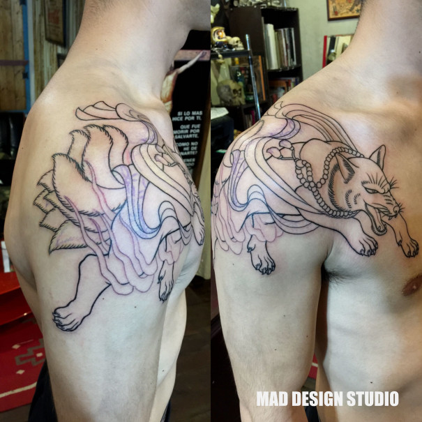 九尾の狐 抜き彫り 刺青 第一回目 Mad Tattoo Studio マッドタトゥースタジオ