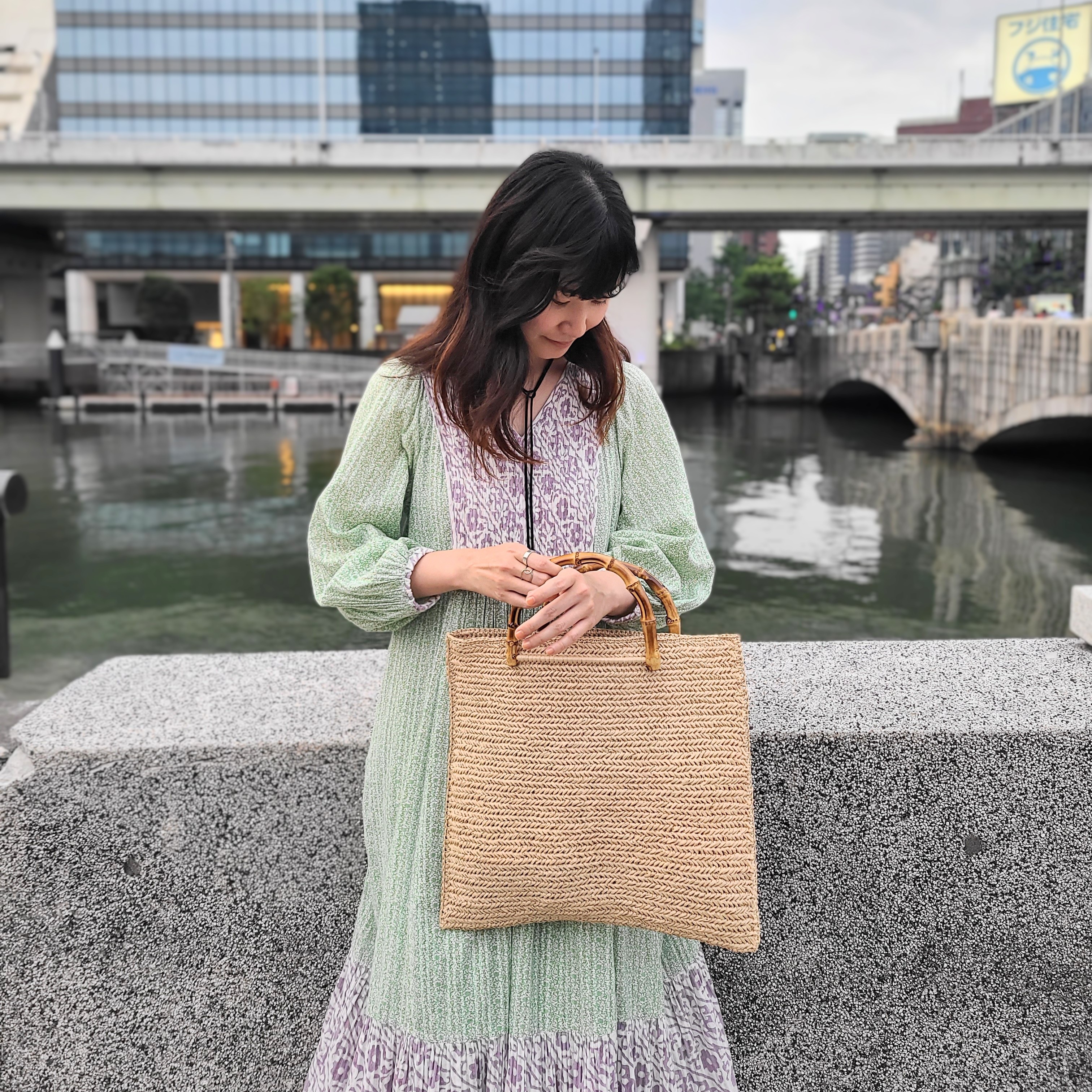 summerセール 手織利麻布 バンブーハンドル豆絞りバック バンブーハンドルバッグ｜かぎ針編み | Jul Knitting