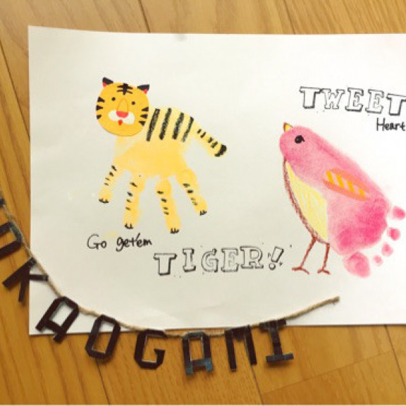 トラ と 鳥 の手形足形アート 大阪東淀川区で手形アート教室