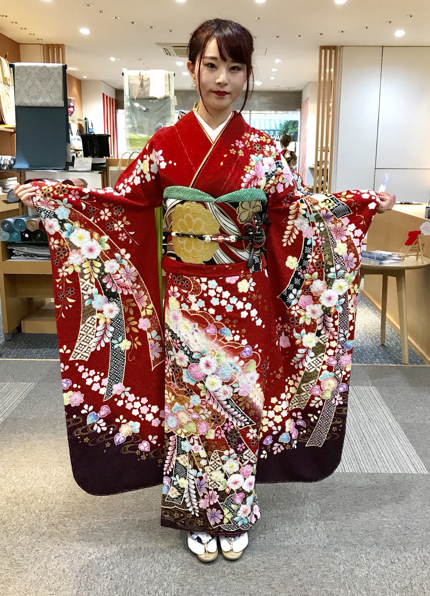 振袖 着物 正絹 立涌に鳥と花模様 金駒刺繍 トール A766-8 L - 振袖