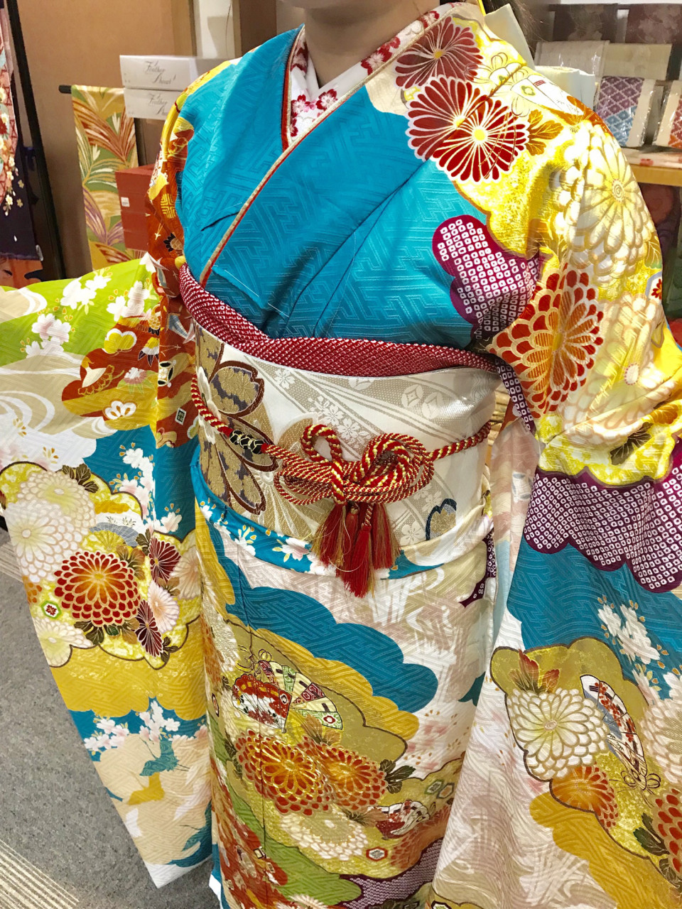 誉田屋 ターコイズブルー 遠い ストライプ 帯