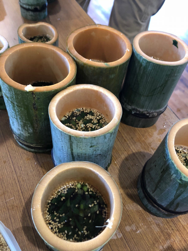 流しそうめん台登場 竹の器作り同時開催