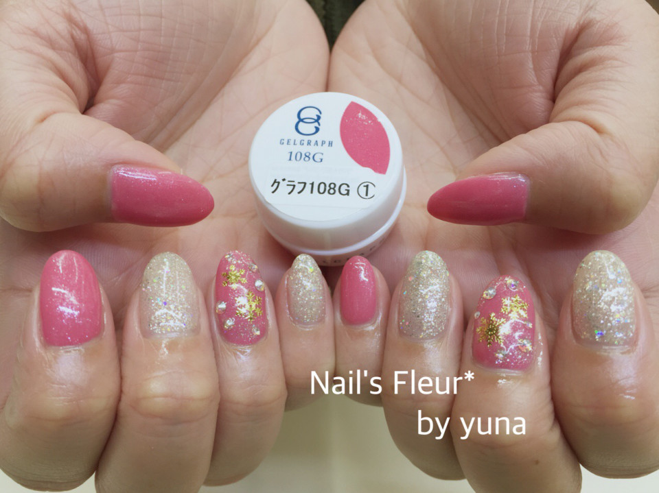 雪の結晶ネイル パール入りピンク Nail S Fleur