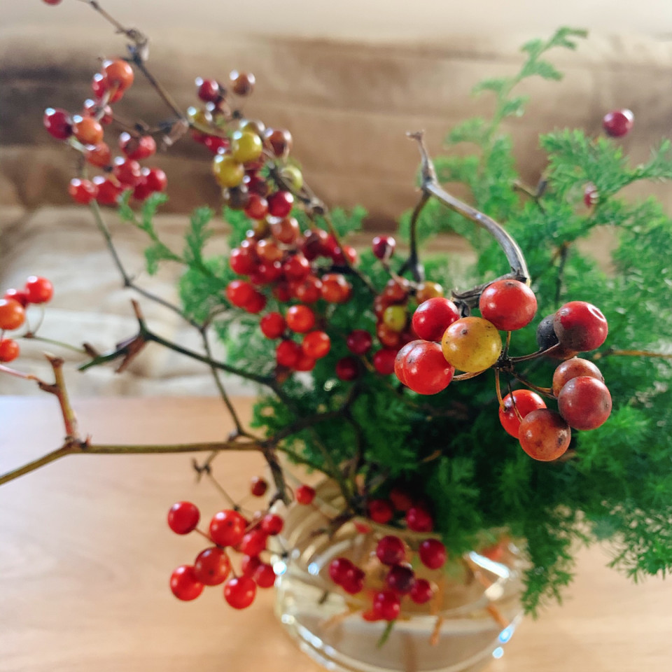 暮らしの中のお花 小さな赤い実がデコレーション この季節にぴったり 部屋を彩るお花 サンキライ ムクリ Mukuri
