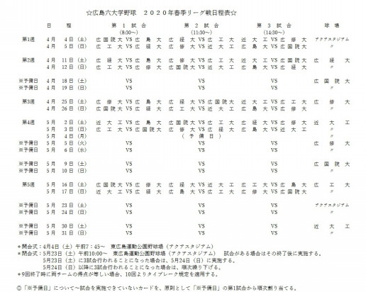 試合予定 広島六大学野球春季リーグ戦 広島修道大学硬式野球部ホームページ