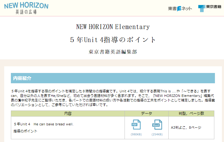 New Horizon Elementary ５年unit４ He Can Bake Bread Well 指導のポイント 小学校外国語授業づくり研究会