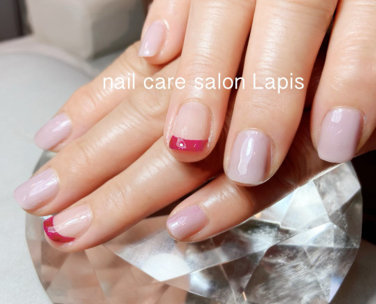 自爪育成ネイルケア 淡いラベンダー 赤いフレンチ Nail Care Salon Lapis