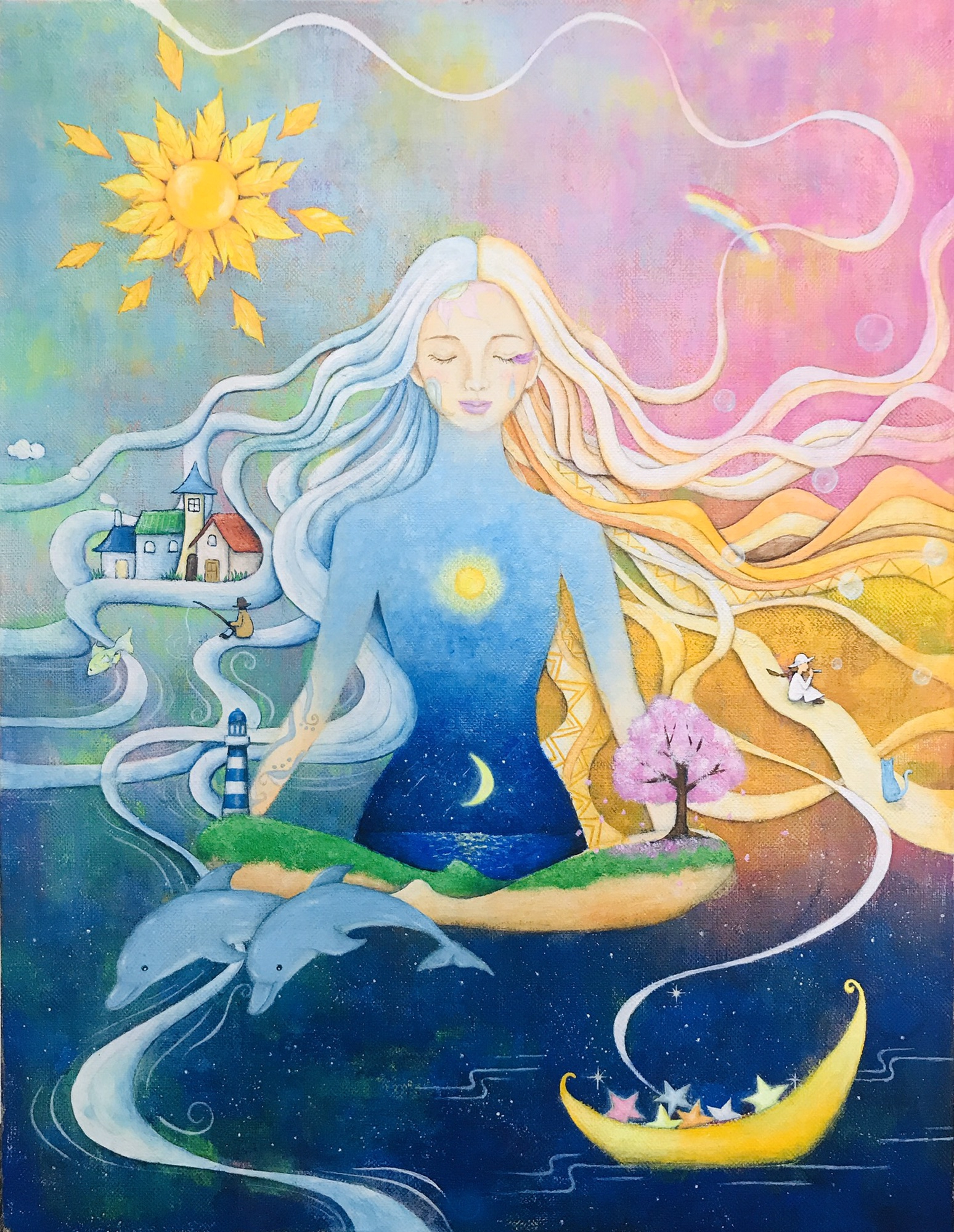 【真作】絵画　星野直子　水彩　向日葵　ガラスの中で咲く命　黄色と緑の調和　U6 真作】絵画 星野直子 水彩 向日葵 ガラスの中で咲く命 黄色と緑