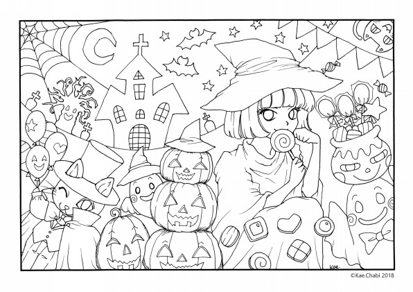 大人の塗り絵 10月 Happy Halloween 魔女と吸血猫 Chabi S Coloring Calendar