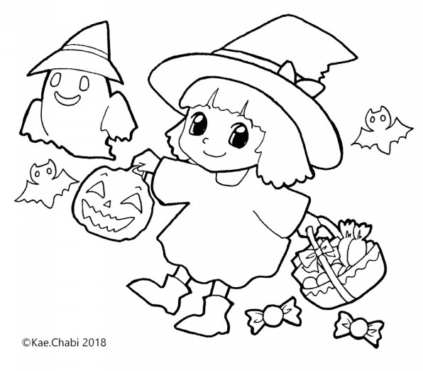 かんたんぬりえ10月 Trick Or Treat ハロウィン仮装した女の子 Chabi S Coloring Calendar