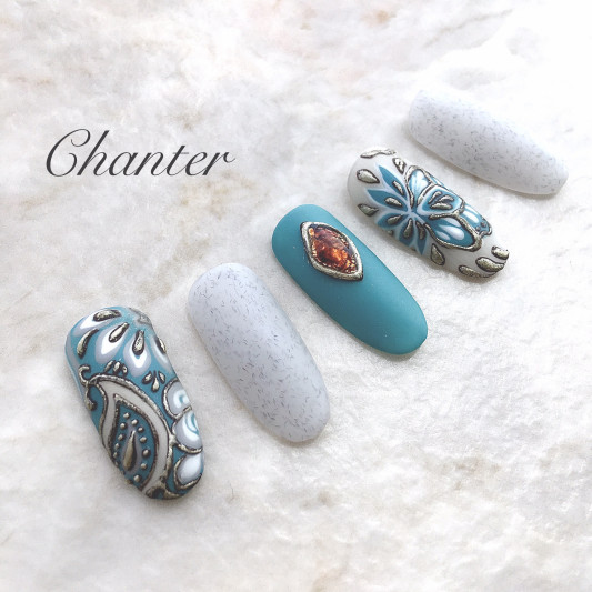 爽やかなブルーペイズリーネイル Chanter