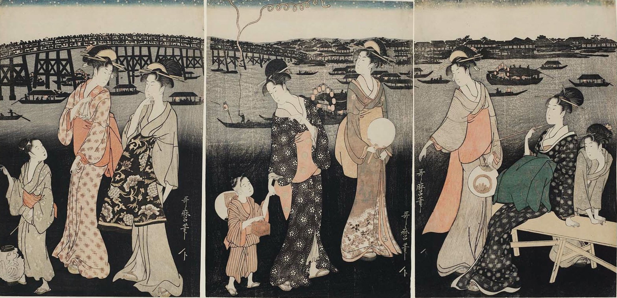 真作】大正期 浮世絵木版画 貧しい 鳥居清長「大川端の夕涼」