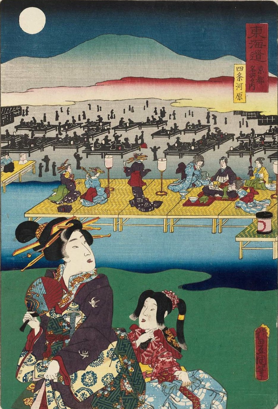 河原夕涼み図】奥村石蘭 703 京都鴨川 四条納涼 掛け軸 肉筆 絵画
