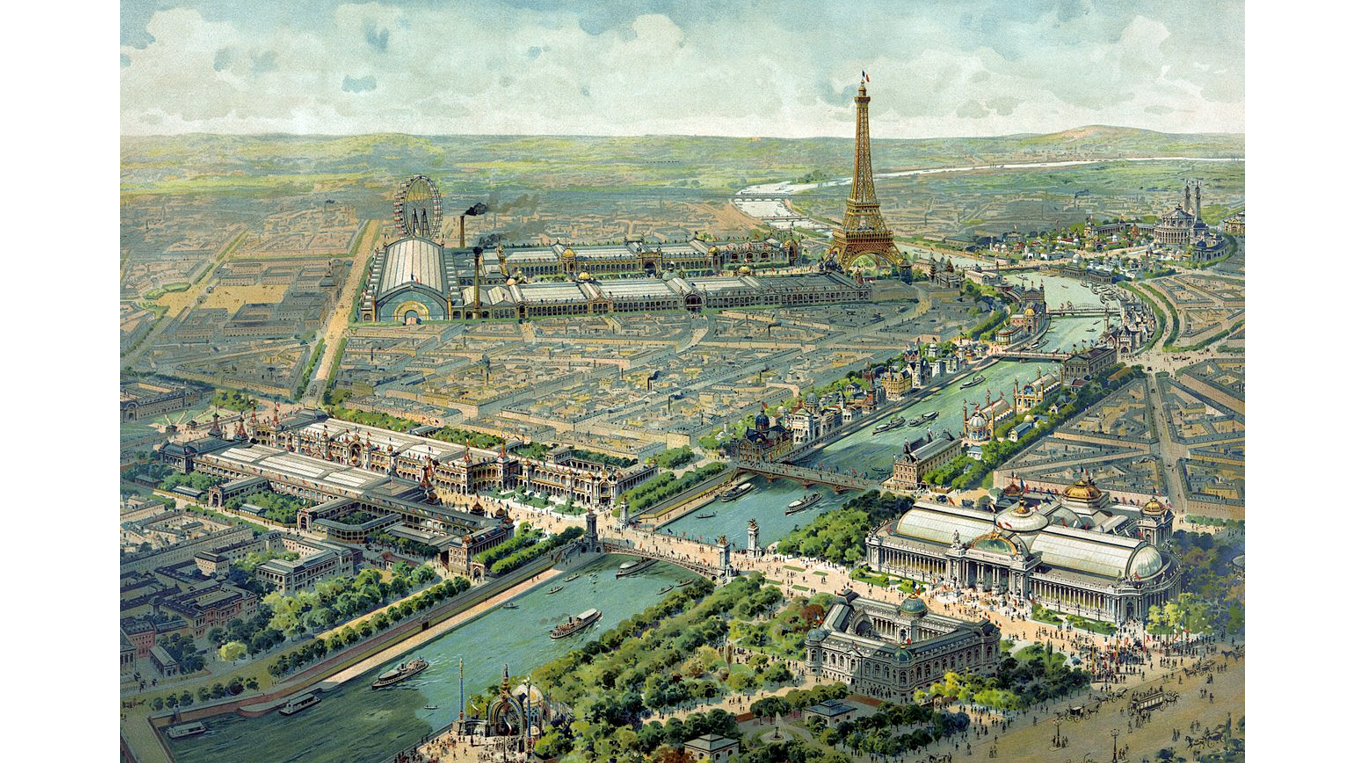 【受注可】1889年 パリ万博 メイン会場の機械ギャラリーの展示準備 大判オリジナル木版画 木版画