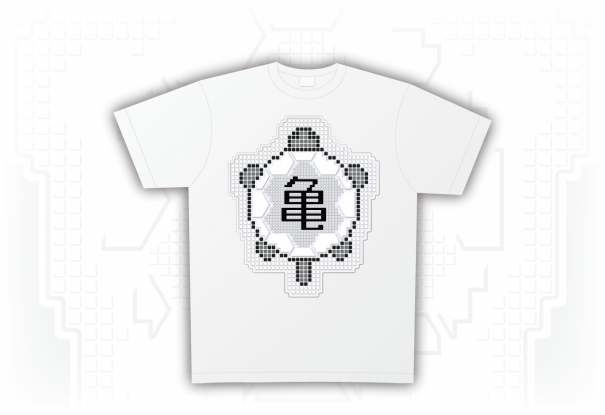 亀の全身のイラストに亀の漢字をはめ込んだモノクロドット文字tシャツ他 おりでざ工房