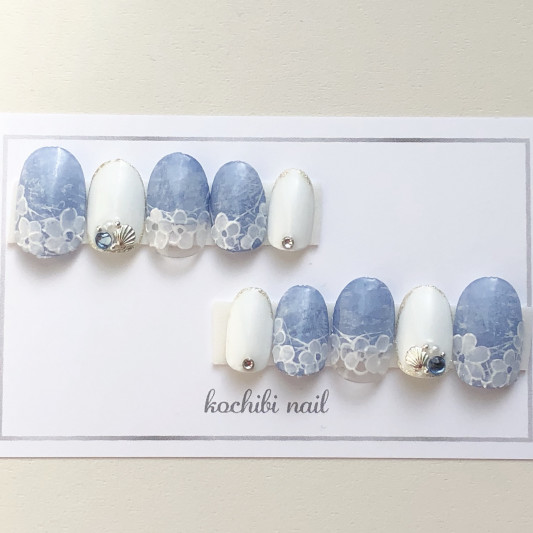 新作デニムレースフラワーネイルチップ Kochibi Nail