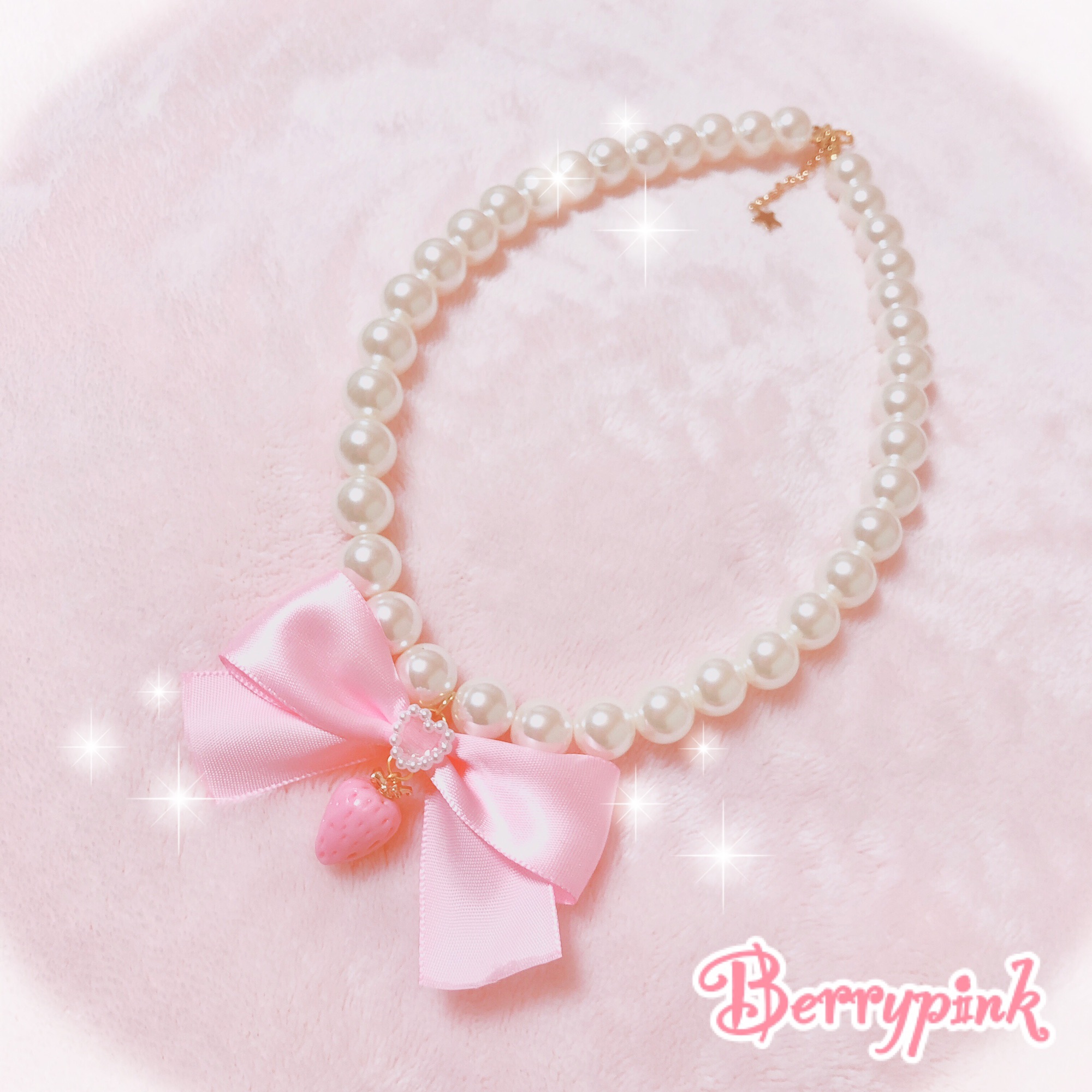 Berrypink♡苺とリボンのパールネックレス♡ピンク