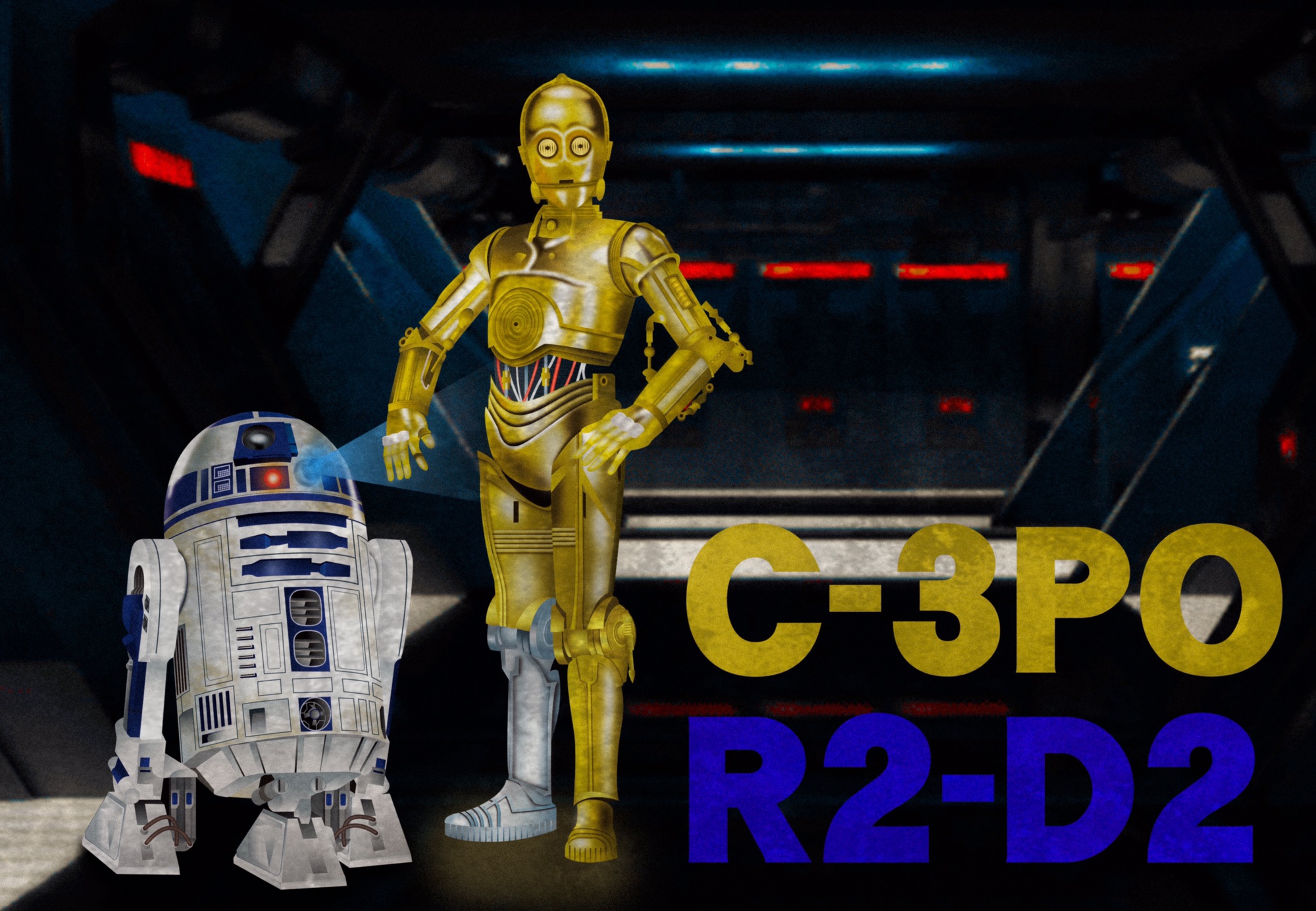 最高 R2_D2 , c_3PO 惑星タトゥーイン！。の、オリジナル水彩画。 絵画 