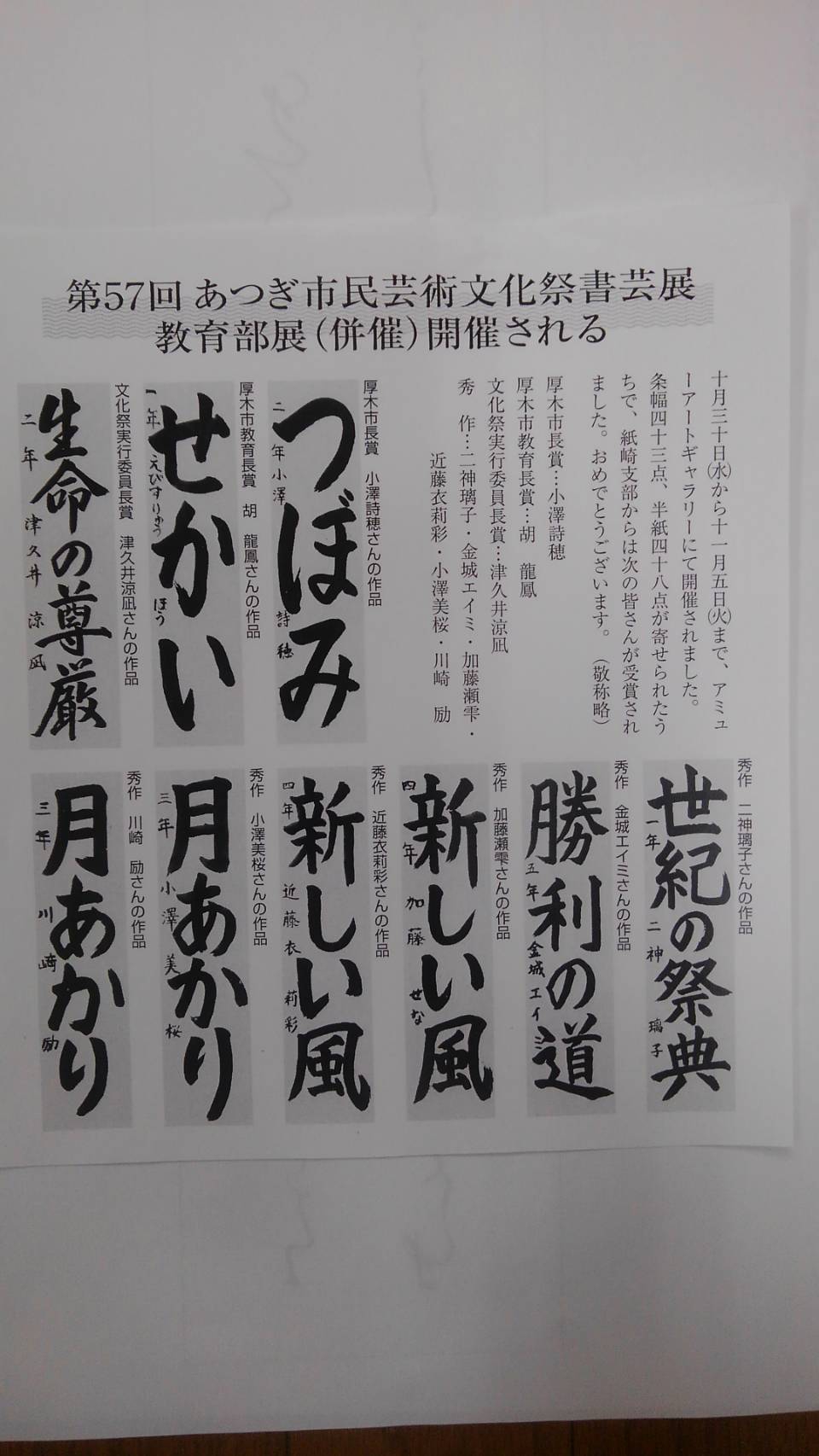 涼凪 第57回(2019・令和元年)あつぎ市民文化祭教育部 入賞者発表 | 厚木書道教場