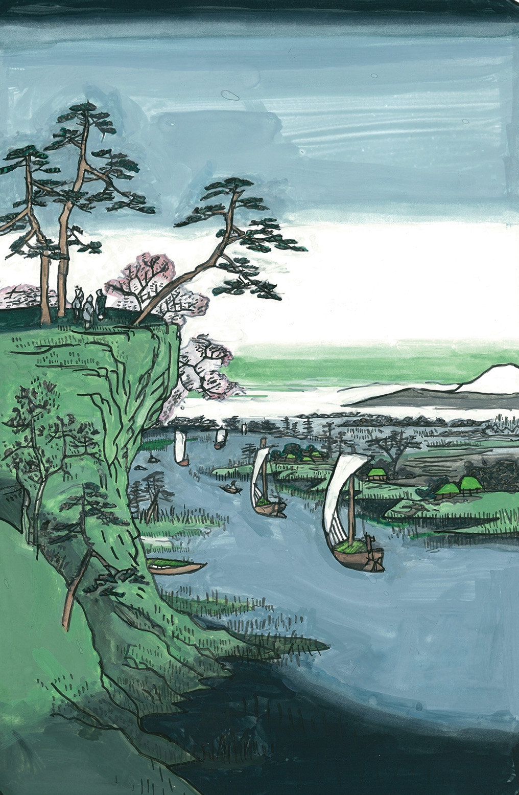 浮世絵風な水彩画　古峰　短冊の模写 鴻の台とね川風景 ーこうのだいとねがわふうけいー | 模写絵師つね吉八卦鏡