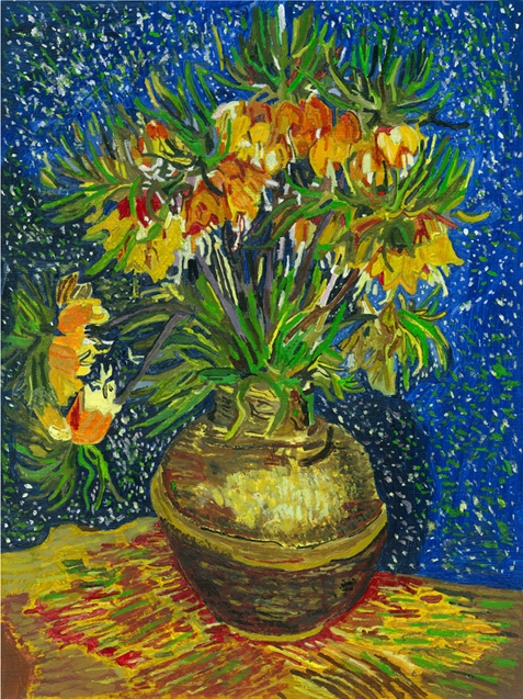 ゴッホ模写油絵額縁付き30×40cm 名画インテリア銅の花瓶のアミガサユリ油彩画 ゴッホ【銅の花瓶のアミガサユリ】 フランス ドラジェル社 模写