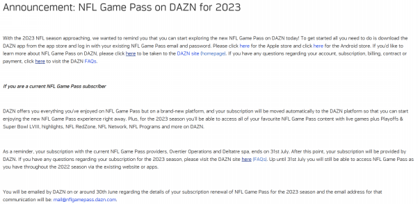 NFL Announces NFL Game Pass 10 Year Agreement with DAZN for