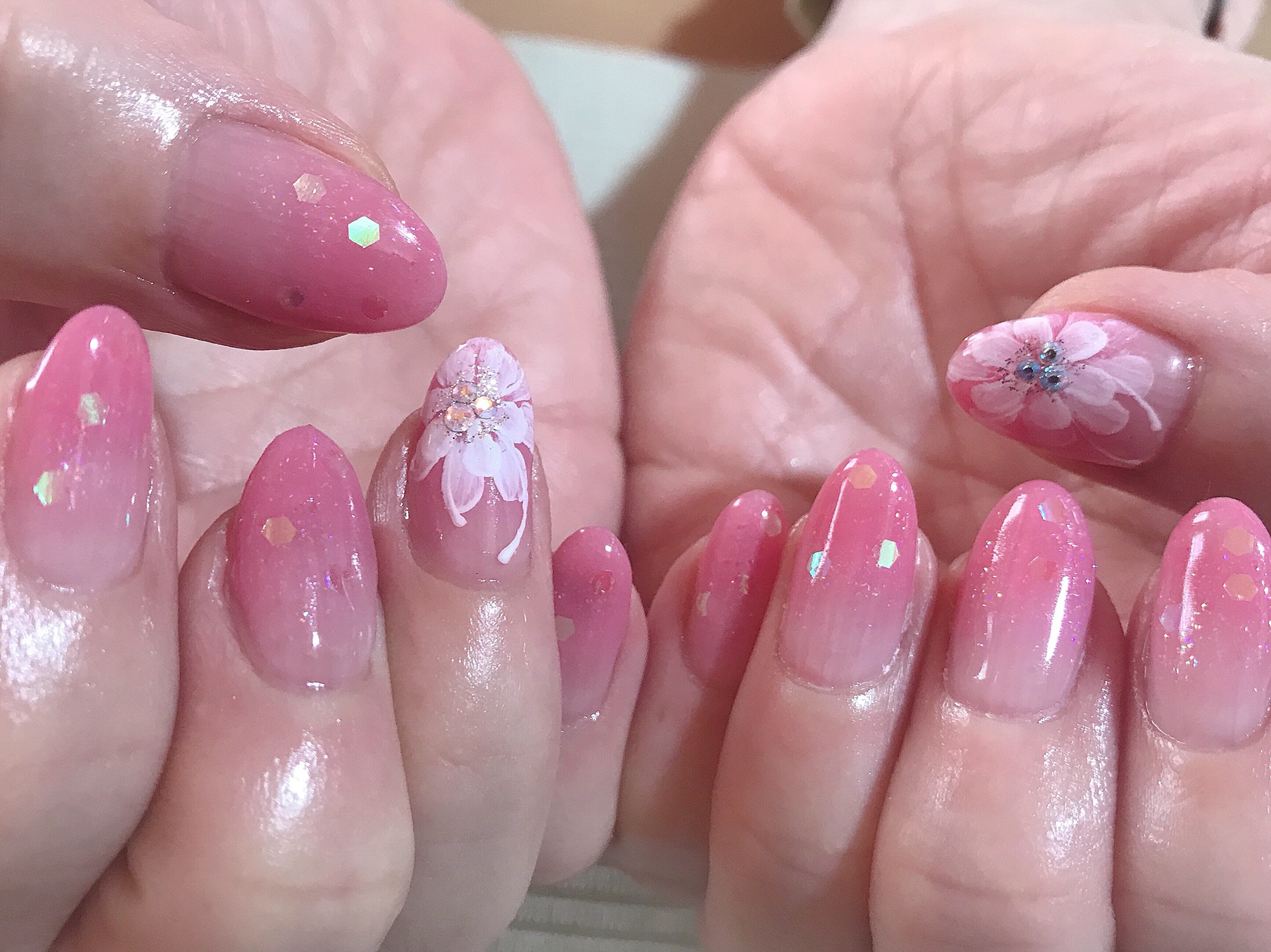 手書きお花 きらめきピンクグラデ Nailネイル