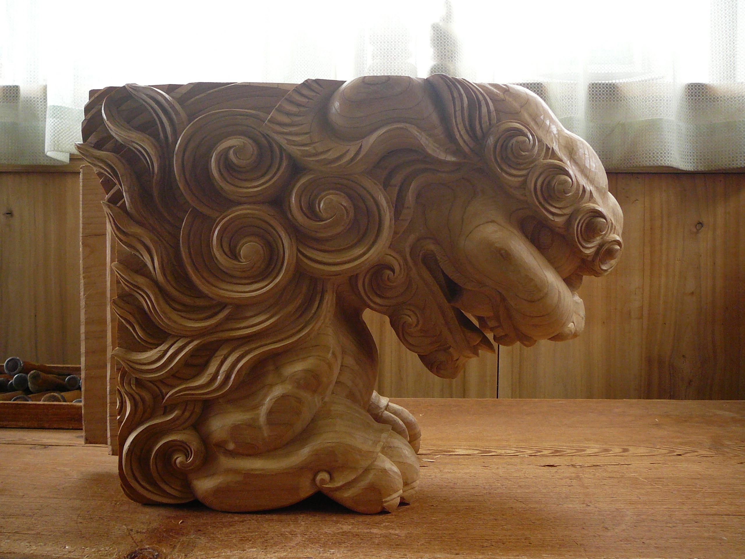 T052】寺院仏閣 江戸時代 木彫 獅子飾 木鼻 欄間 - 美術品