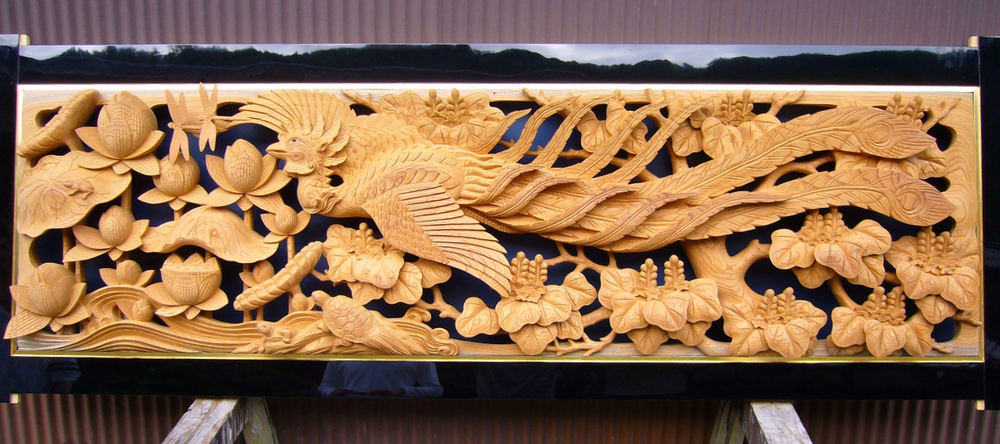 専用　鳳凰　彫刻欄間 雲海鳳凰図 木彫欄間 2枚1組 R0288｜骨董店 のびる 古美術 骨董 和風