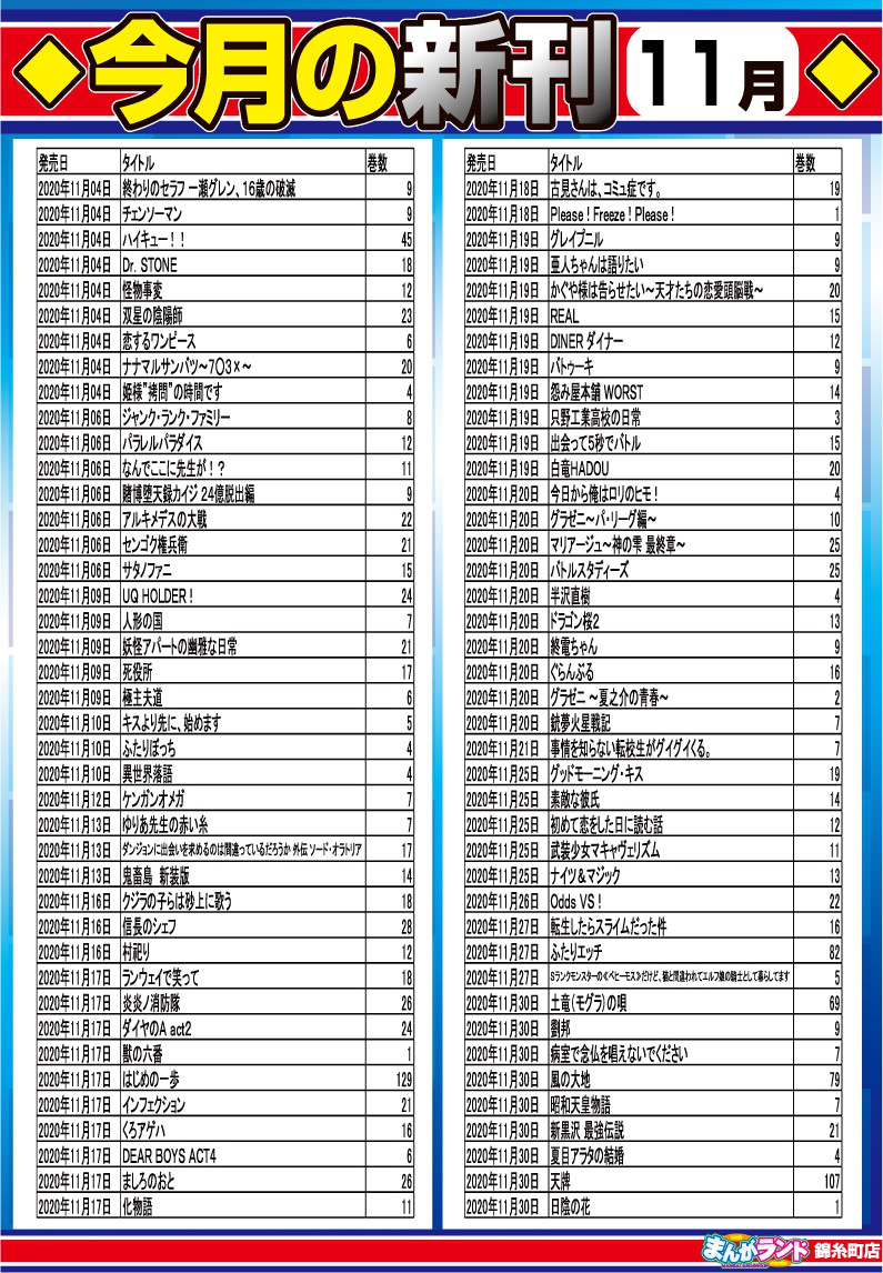 年11月新刊コミック ネットカフェ 漫画喫茶 まんがランド錦糸町店 感染防止徹底宣言