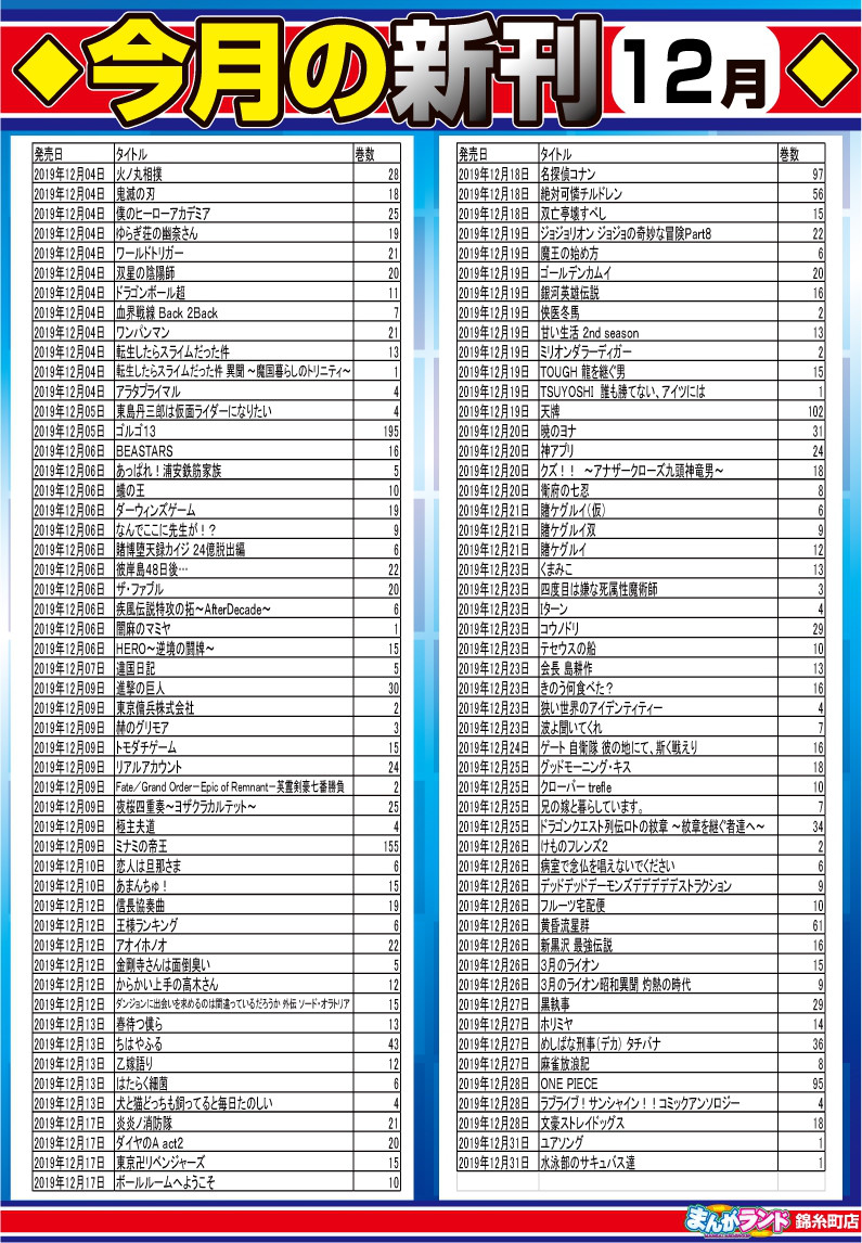19年12月新刊コミック ネットカフェ 漫画喫茶 まんがランド錦糸町店 感染防止徹底宣言