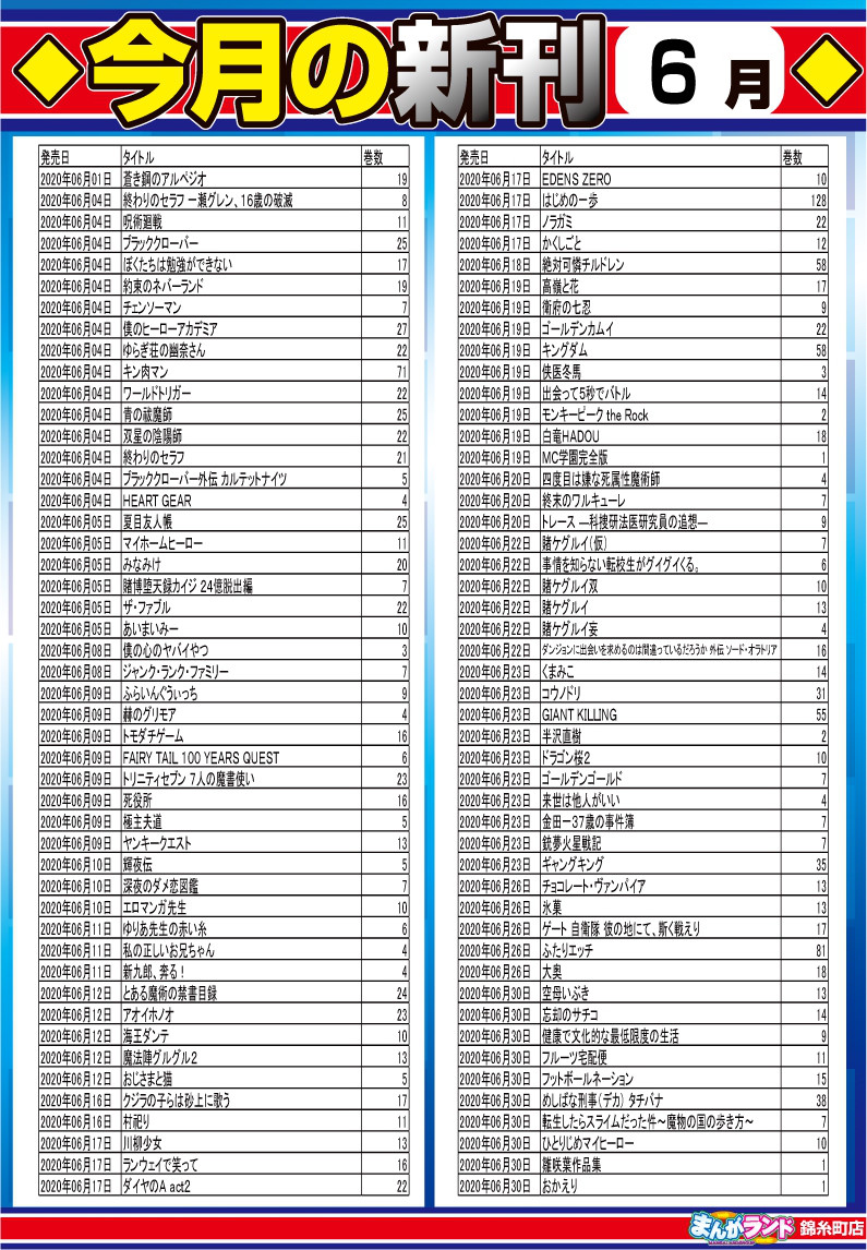 年6月新刊コミック ネットカフェ 漫画喫茶 まんがランド錦糸町店 感染防止徹底宣言