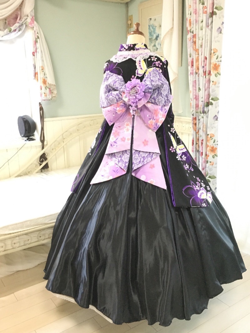 桜 印 ひまわりオリジナルフード付き着物ドレス ひまわりオリジナル帯