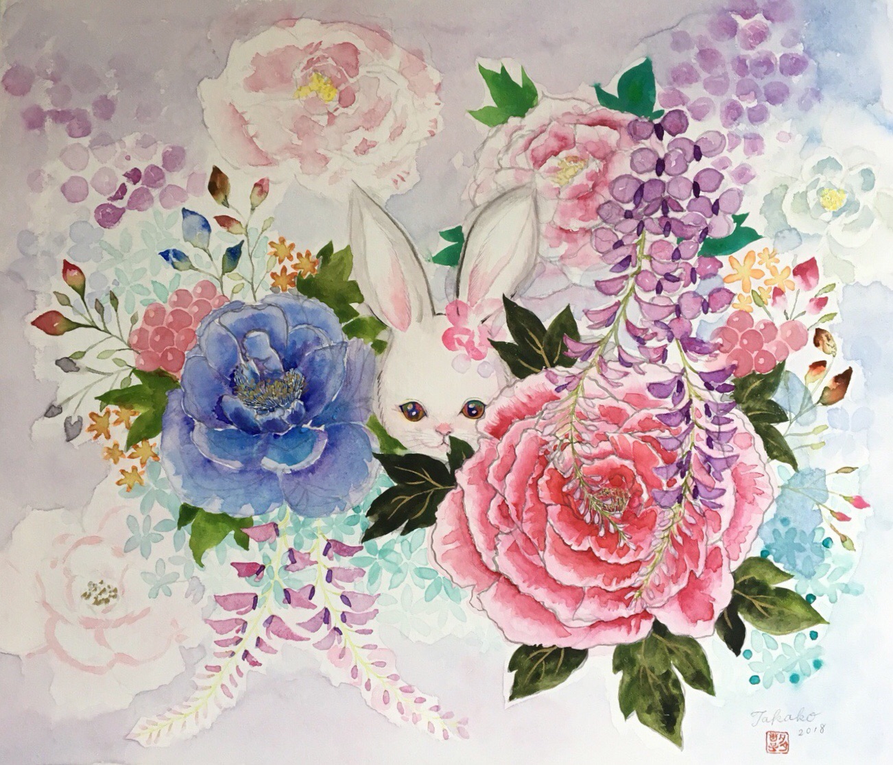 円形の水墨画 赤い花（彩墨画「紅葉」 福田勝司筆 | 水墨画・達