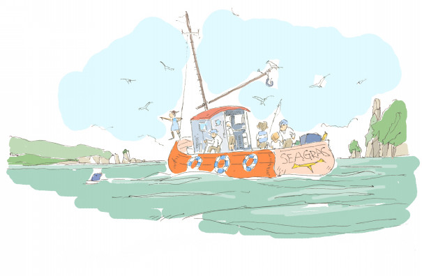 小さな漁船で荒海に漁へ 甲賀 日野 絵本 イラスト キャラクター デザイン 深 森 い ず