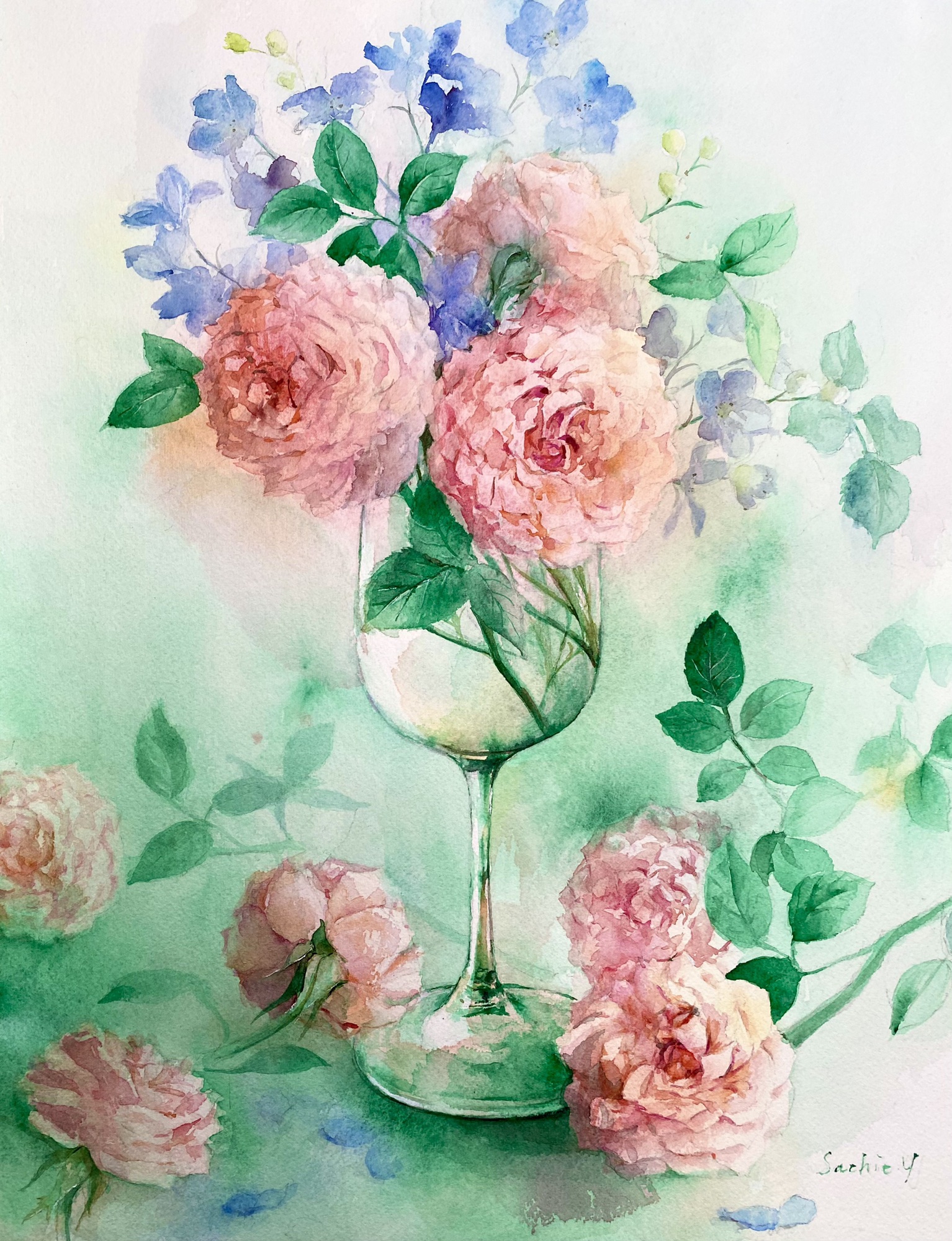 人気トレンド バラのささやき 額縁付き 透明水彩画 バラのささやき 絵画