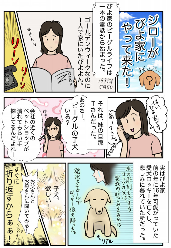 漫画 ビーグル犬ジローとコースケ 19 ジローが我が家にやってきた1 ビーグル犬 イラスト カフェ